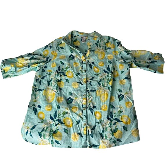 Catherines Womens  linen Blend Lemon Print Button-Down Shirt 1X 18/20W novelty - Picture 1 of 10